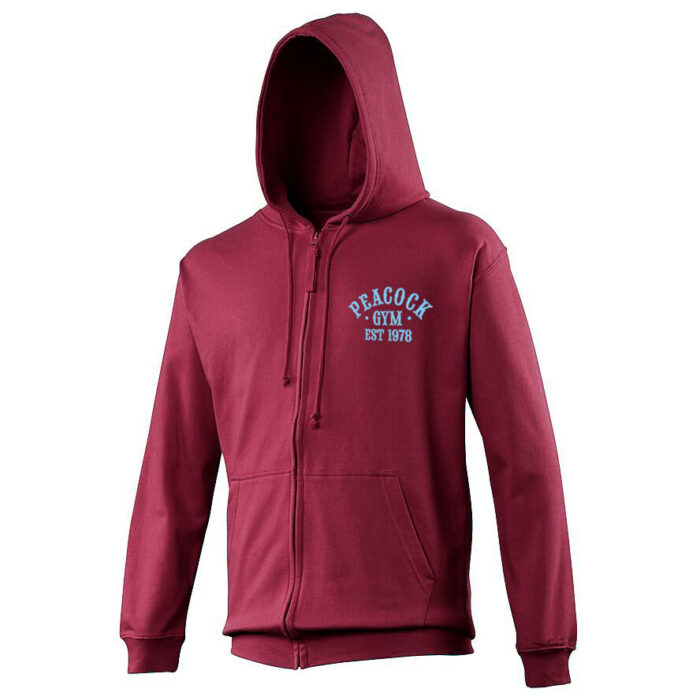 Peacock EST full zip hoody - Maroon and Cyan